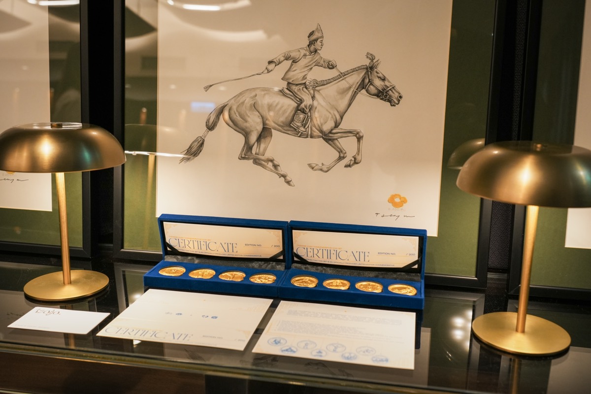 Display case with the coin collections, certificates and a horseman illustration