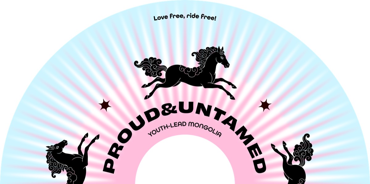 Semi-circular hand fan print reading Proud and Untamed with jumping horses