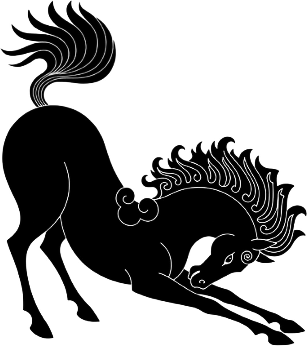 Poster with six black horses arranged around vertical Mongolian script, Love free ride free, Youth Lead Mongolia